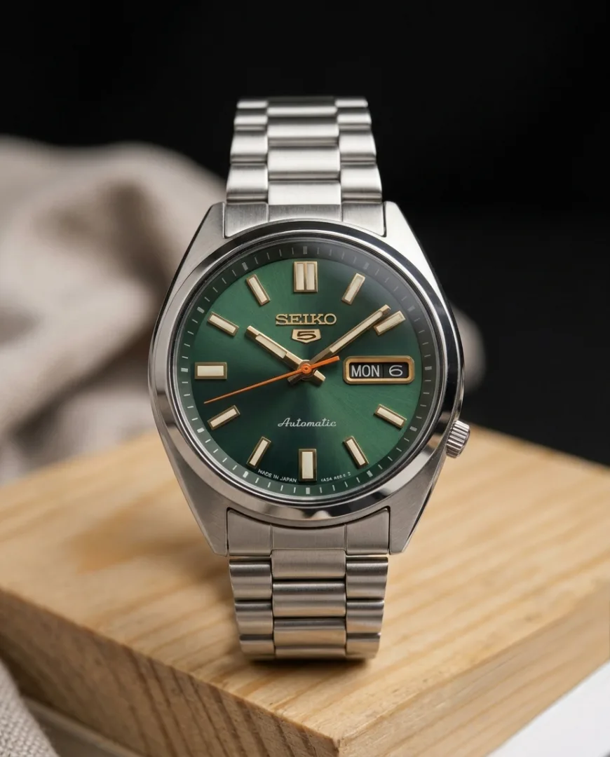 Seiko_o 5 Sports SNXS Automatic silver green and Red niddle