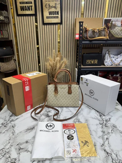 MICHEAL KORS CAMILLE SATCHEL HANDBAG IN SIGNATURE LOGO PRINT CANVAS WITH OG DOUBLE BOX AND DUST BAG (BIEGE BROWN)
