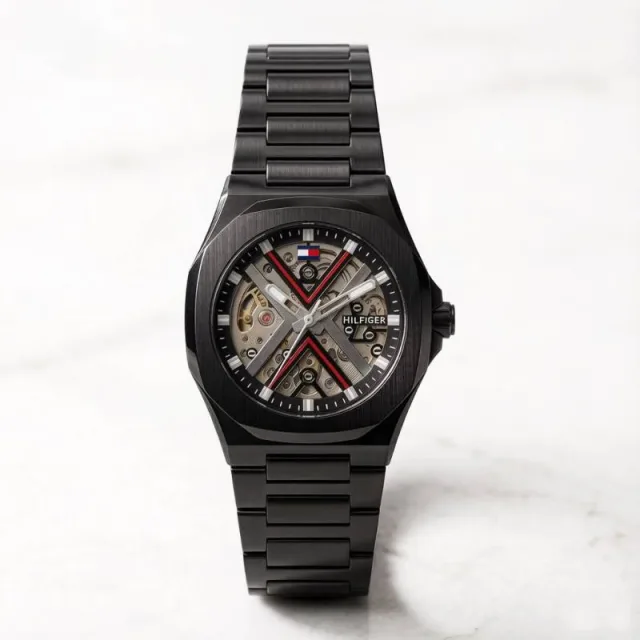 Tommmy Hilfige_r Skeleton Automatic Full Black-Red