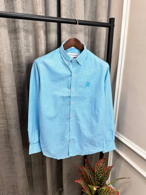 Calvin Kline Blue Signature Brand Embroidery Logo Premium Mini Checks Shirt(1498)