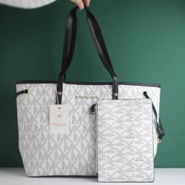 Michael Kor Large Jet Set Big Mk Print Tote Bag With Dust Bag (2003-White)