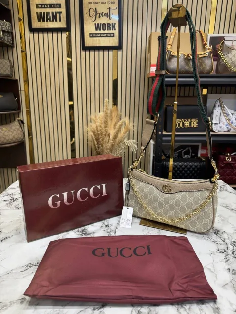 Guchi Ophidia Premium Sling Bag With Og Wine Box And Dust Bag (735132) Biege