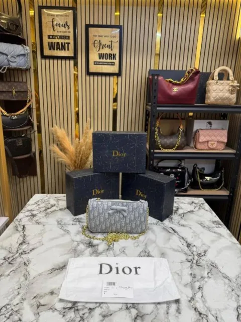 Christian Dioor Oblique Jacquard Bow Chain Crossbody Bag (2800-Gray)