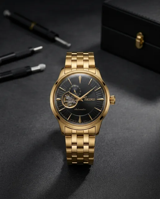 Seiko Presage Cocktail Time Open Heart Automatic gold black