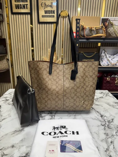 Coatch Signature Canvas Tote Bag with Zip Pouch With Dust Bag 8203-1 Brown Black