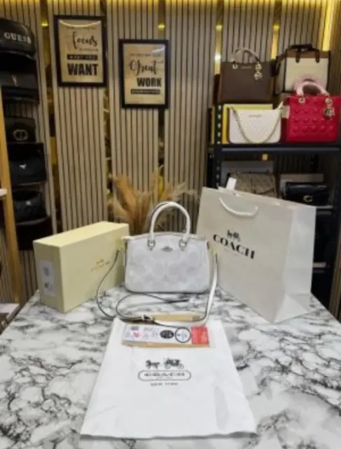 Coatch Signature Monogram Leather Satchel Top Handle Bag With Box And Dust Bag Including Carry Bag (White-3616)