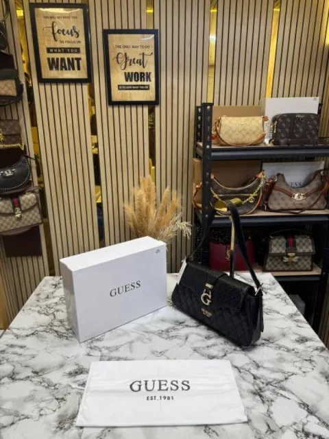 Guess Quilted G Flap Shoulder Bag With Box And Dust Bag (Black)