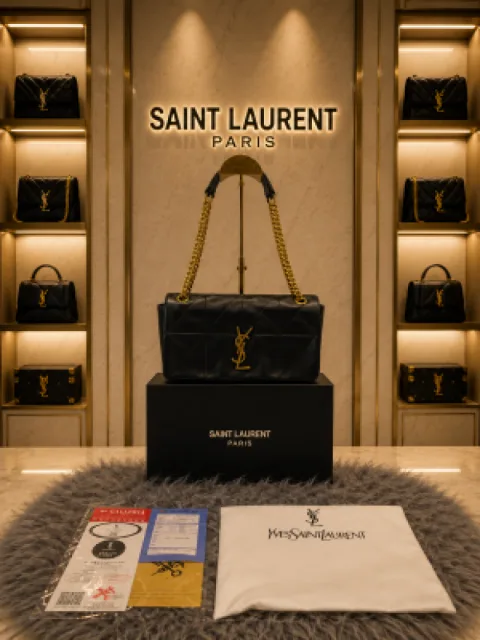YSL SAINT LAURENT Grain De Poudre Matelasse Chevron Medium Monogram Satchel Black with box 6416