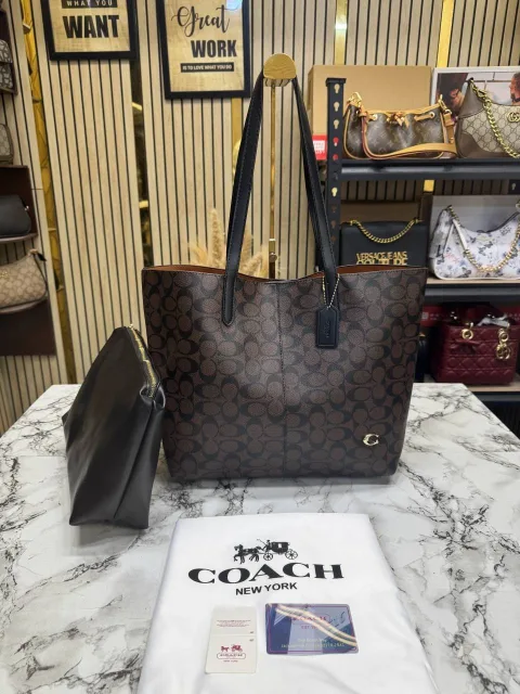 Coatch Signature Canvas Tote Bag with Zip Pouch With Dust Bag 8203-1 Coffee Black