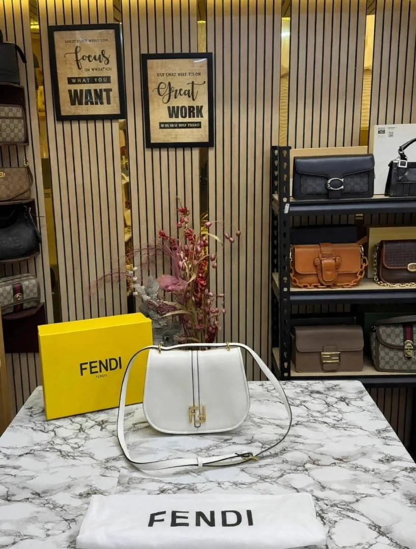 FENDY COMON FF LOGO PLAQUE HANDBAG WITH OG BOX AND DUST BAG PREMIUM QUALITY (WHITE) SALE