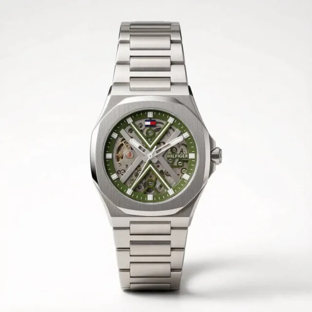 Tommmy Hilfige_r Skeleton Automatic Silver-Green