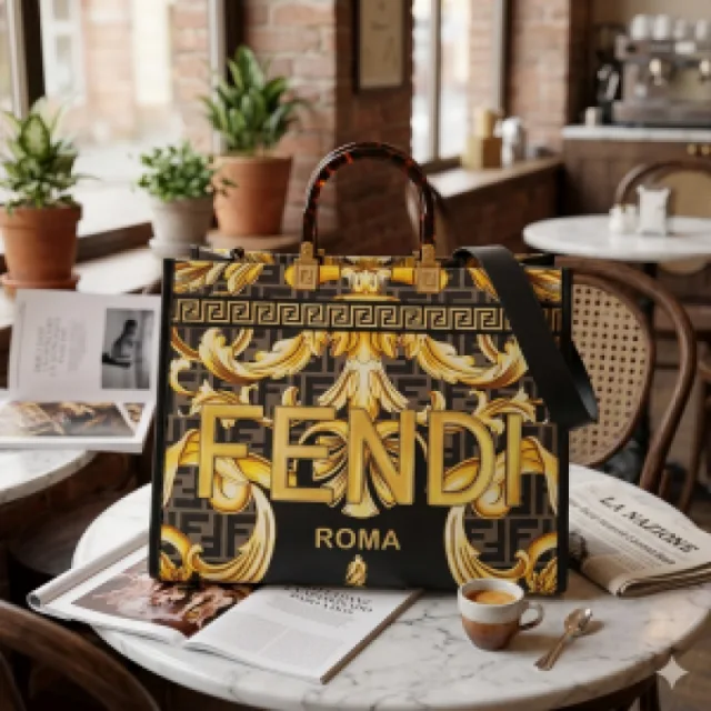 Fendy Sunshine Tote Bag from the collaboration between and Versace featurin rominent baroque print and tortoiseshell handles With Dust Cover premium quality