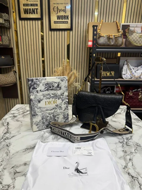 CHRISTIAN DIYOR SADDLE EMBOSSED WITH OG BOX AND DUST BAG PREMIUM QUALITY (BLACK) (V-D0666)
