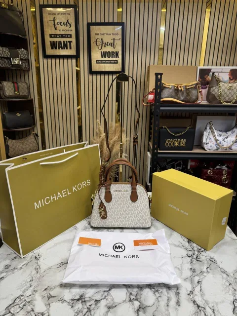 Micheal Kors Veronica Satchel Bag with OG Box Dust Bag Carry Bag Biege Brown - M05