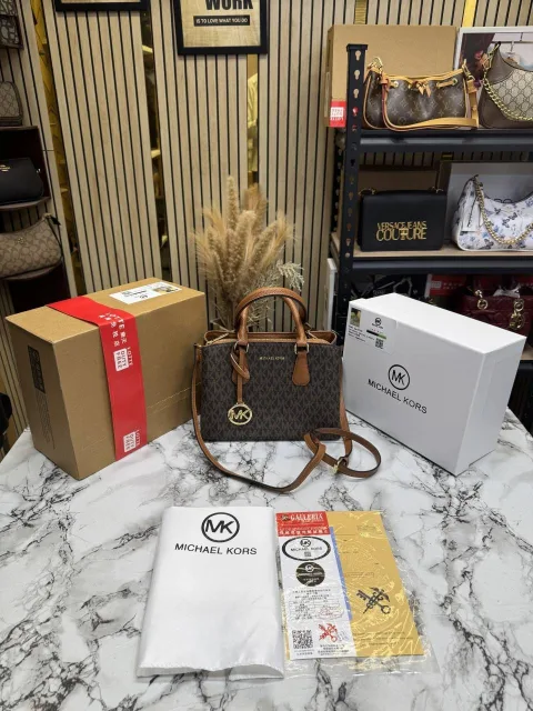 MICHEAL KORS CAMILLE SATCHEL HANDBAG IN SIGNATURE LOGO PRINT CANVAS WITH OG DOUBLE BOX AND DUST BAG (COFFEE BROWN)