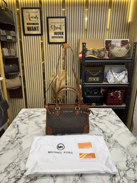 Micheal Kors Signature Logo Satchel Bag with OG Dust Bag (Coffee Brown)