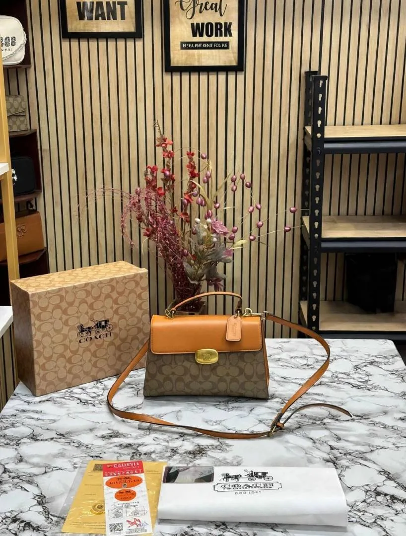 COATCH ELIZA TOP HANDLE SLING WITH OG BOX AND DUST BAG WITH CARRY BAG INSIDE SLIDELY DAMAGE(BROWN) SALE
