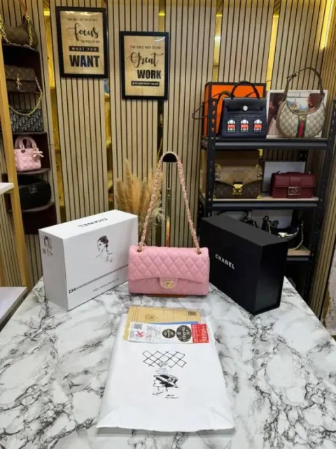 Chane Classic Flap Quilted Chain Shoulder Bag With Double Og Box And Dust Bag (6657-Pink)