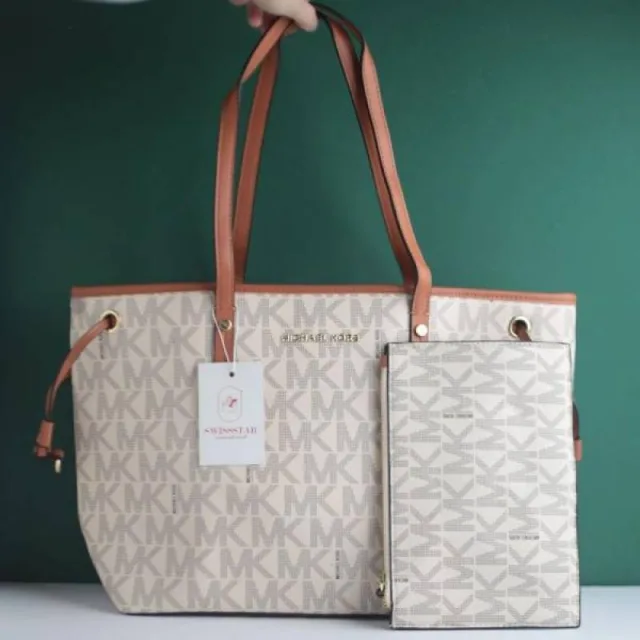 Michael Kor Large Jet Set Big Mk Print Tote Bag With Dust Bag (2003-Beige)