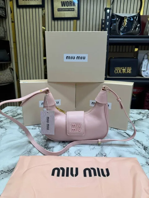 Miu Miu Logo Crescent Styled Shoulder Bag With OG Box And Dust Bag Pink (319)