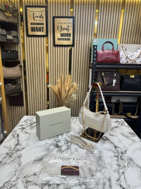 Charle & Keith Croc-Embossed Shoulder Bag With Original Box And Strap (White) (972-1)