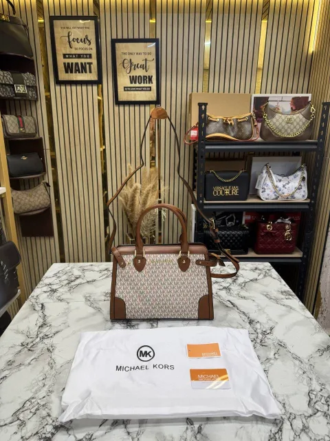 Micheal Kors Signature Logo Satchel Bag with OG Dust Bag (Biege Brown)