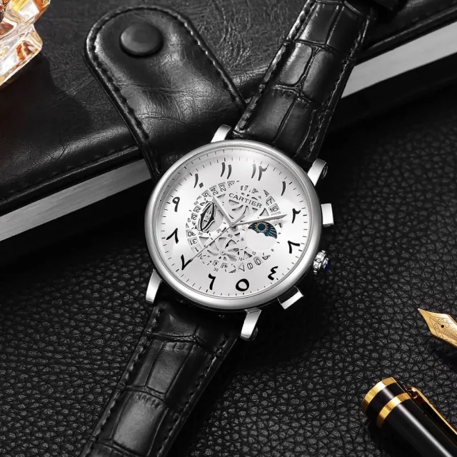 Cartiar Baloon Leather chronograph Black Silver White Dial
