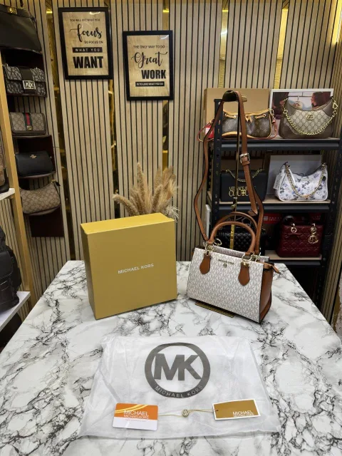Micheal Kors Marilyn Medium Signature Logo Satchel With Box And Dust Bag (Biege Brown)