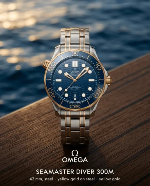 Omegha Seamaster Diver 300M Automatic 2Ton-Gold-Blue